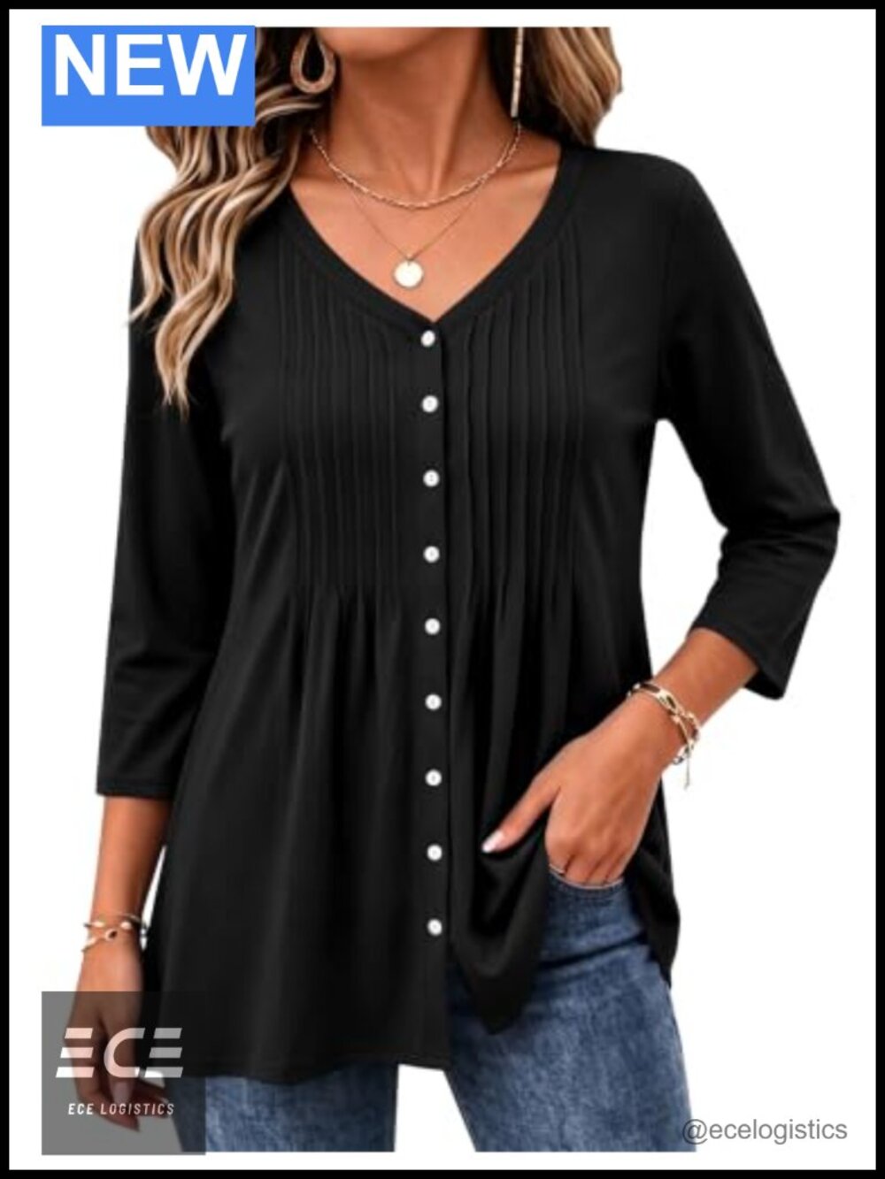 Women's 3/4 Sleeve Button Down Pleated V-Neck Work Blouse